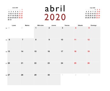 Nisan 2020 için İspanyolca yazdırılabilir takvim