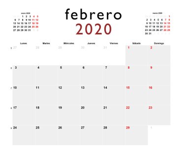 Şubat 2020 için İspanyolca yazdırılabilir takvim