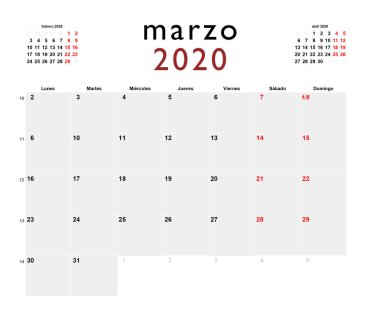 Mart 2020 için İspanyolca basılabilir takvim