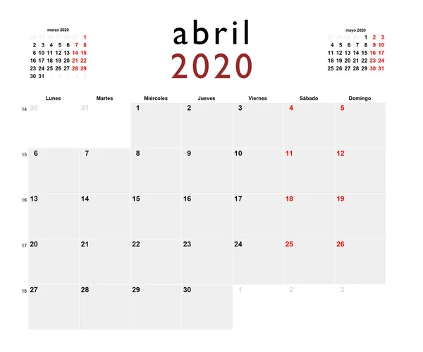 Calendario Imprimible Español Para Abril 2020 — Foto de Stock