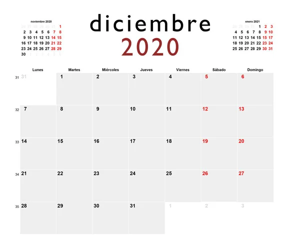 Calendario Imprimible Español Para Diciembre 2020 — Foto de Stock