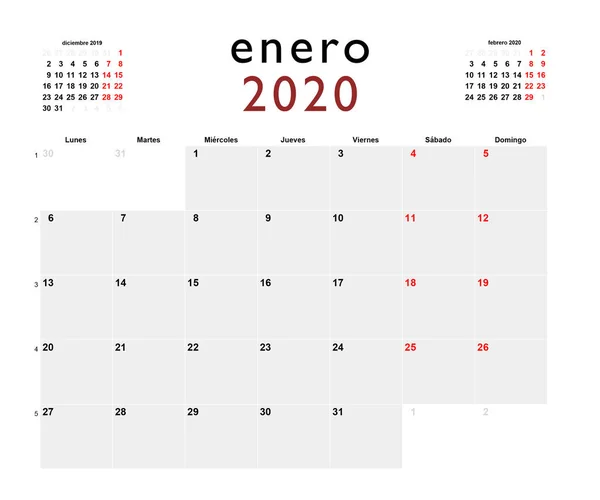 Calendario Imprimible Español Para Enero 2020 — Foto de Stock