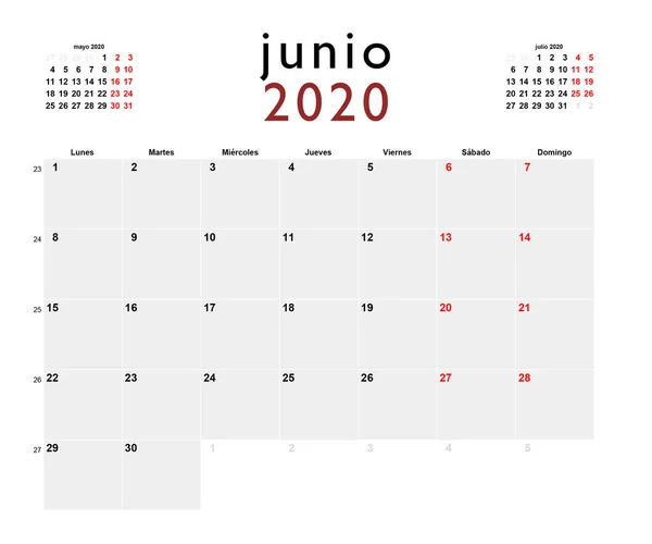 Calendario Imprimible Español Para Junio 2020 — Foto de Stock