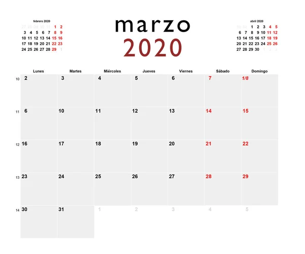 Calendario Imprimible Español Para Marzo 2020 — Foto de Stock