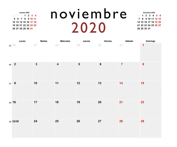 Calendario Imprimible Español Para Noviembre 2020 — Foto de Stock