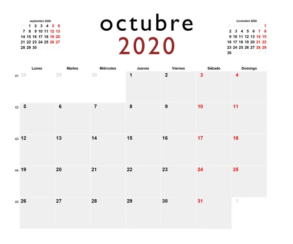 Calendario Imprimible Español Para Octubre 2020 — Foto de Stock