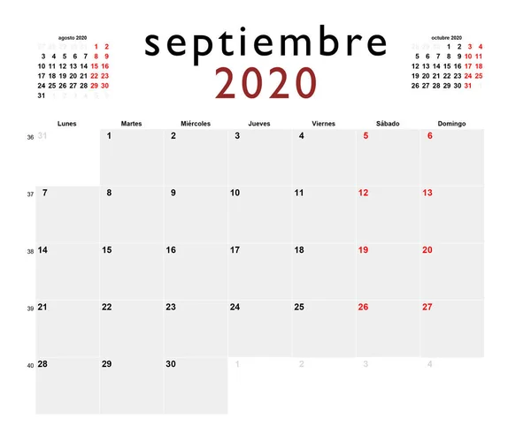 Spanyol Nyomtatható Naptár 2020 Szeptemberére — Stock Fotó