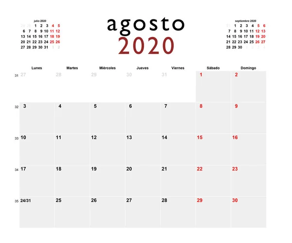 Calendario Imprimible Para Agosto 2020 — Foto de Stock