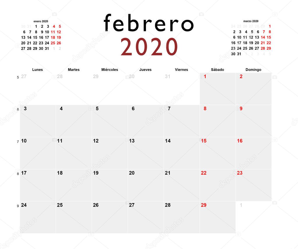 spanish printable calendar for february 2020