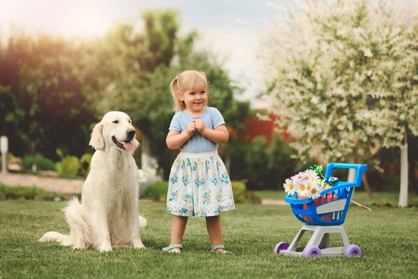 Petite fille mignonne jouant avec un gros chien — Photo