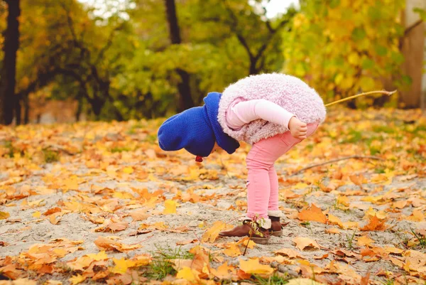 Klein meisje spelen met Herfstbladeren Stockafbeelding