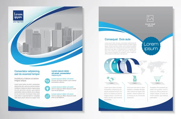 Desain vektor template untuk Brochure, AnnualReport, Magazine, Poster, Corporate Presentation, Portfolio, Flyer, infographic, layout modern dengan warna biru ukuran A4, Depan dan belakang, Mudah untuk digunakan dan mengedit. - Stok Vektor