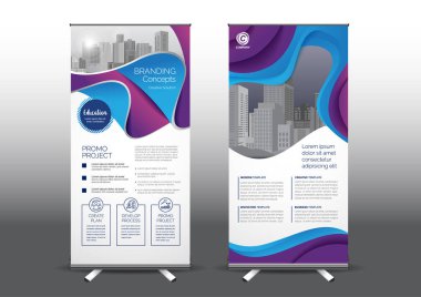 Fuara uygulanacak şekilde dizayn edilmiş şablon vektör illüstrasyonunu rulo yapın. Reklam pankartları, iş modeli, düşey mavi ve yeşil tonlarda.