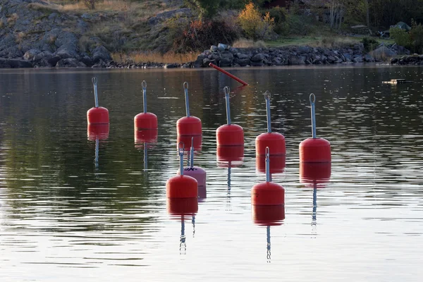 Boyas rojas en el puerto reflejándose en el agua — Foto de Stock
