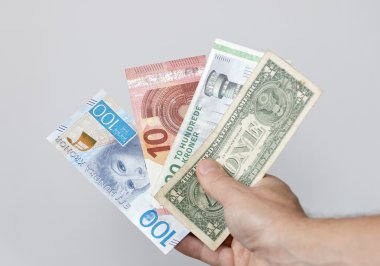 Hand holding banknotes from different countries clipart