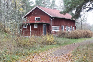 Ormanda beyaz pencereli kırmızı geleneksel ahır