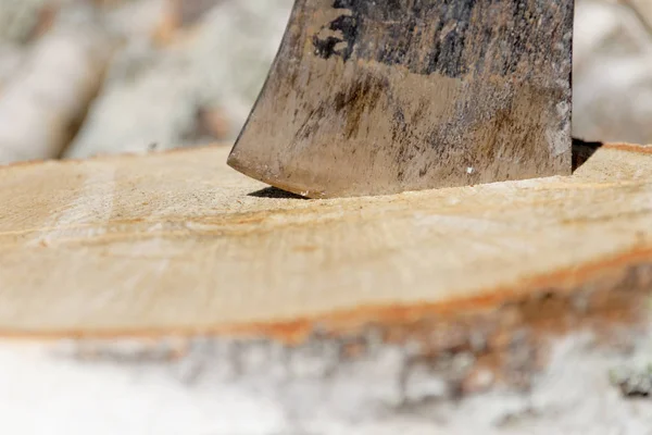 Close Van Bijl Een Berkenhout Een Stapel Een Stam Achtergrond — Stockfoto