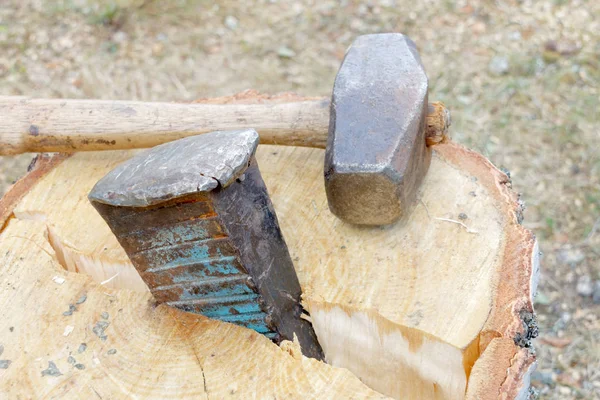 大锤和楔子裂开了一根桦树原木 — 图库照片