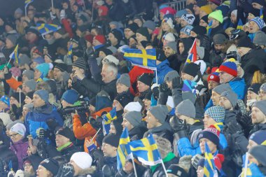 Stockholm, İsveç - 31 Ocak 2017: Mutlu izleyici ile paralel slalom Event'de Alp Audi FIS Dünya Kayak Kupası - kent olay 31 Ocak 2017 Stokholm İsveç Bayraklarda