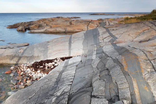 Strange Dark Geological Stripes Rock Coastline Swedish Archipelago — Stock Photo, Image