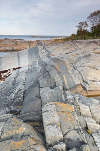 Strange Dark Geological Stripes Rock Coastline Swedish Archipelago — Stock Photo, Image