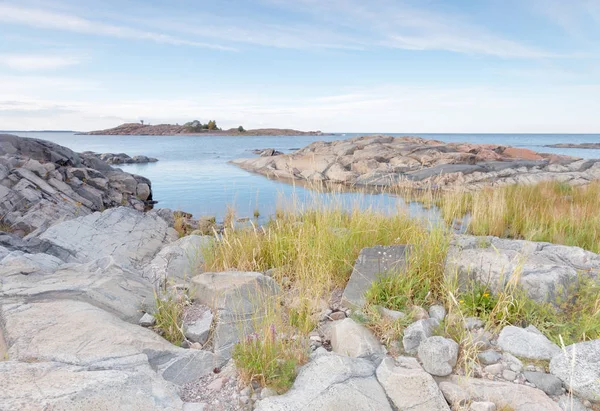 Costa rocosa, hierba en primer plano y mar azul — Foto de Stock