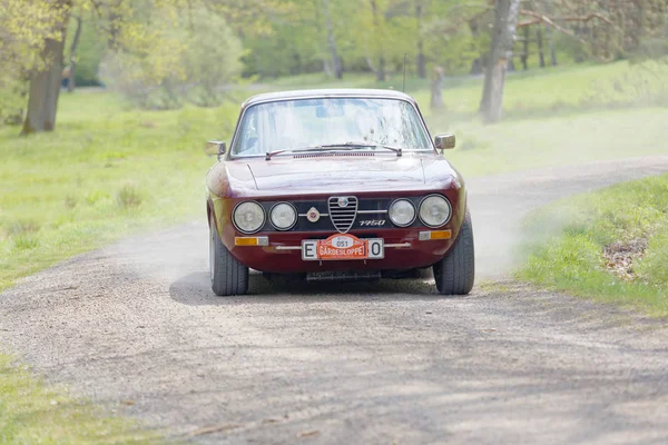 Stockholm, İsveç - 22 Mayıs 2017: 1967 yılından kalma Mor Alfa Romeo 1750 klasik araba Curgarden, Stockholm, İsveç 'teki ormanlarda Gardesloppet halk yarışında bir kır yolunda sürüyordu. 22 Mayıs 2017