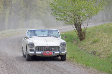 Stockholm, İsveç - 22 Mayıs 2017: Beyaz Bmc Mg cüce bana 111 klasik otomobil-1968 sürüş ormanlarında Gardesloppet genel yarış bir ülkede yol Djurgarden, Stokholm, İsveç dan. 22 Mayıs 2017