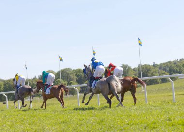 Yan, renkli duran dikiz dörtnala yarış hors üzerinde jockeys.