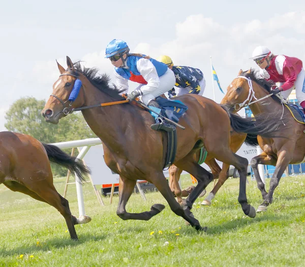 Vue latérale de jockeys colorés chevauchant côte à côte sur des chevaux de course — Photo