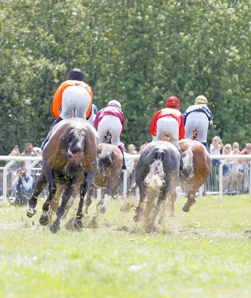 Stockholm Sweden June 2017 Rear View Colorful Jockeys Race Horses — Stock Photo, Image