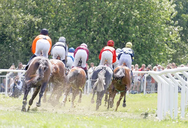 Estocolmo Suecia Junio 2017 Vista Trasera Jinetes Colores Caballos Carreras —  Fotos de Stock