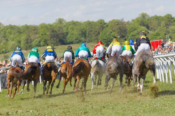 Visão traseira de jóqueis coloridos em pé em cavalos de corrida galope livrar — Fotografia de Stock