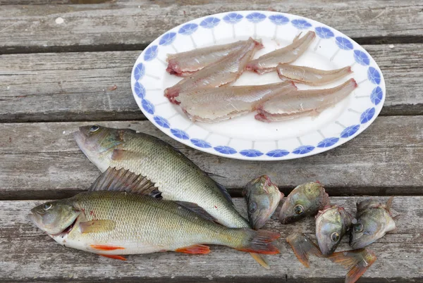 Perch fish and also gutted fish laying on a plate on a bridge