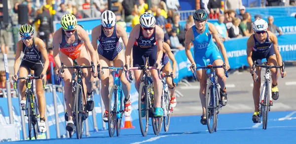 Stockholm - 26 Ağustos 2017: 26 Ağustos 2017 Stockholm, İsveç 'te düzenlenen Bayanlar Itu Dünya Triatlon Yarışması' nda Stimpson, Brown, Kasper, Betto ve diğer kadın triatloncu grupları