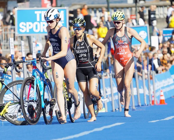 Kadın triatlet Brown, Kasper ve tra içinde çalışan Takahashi