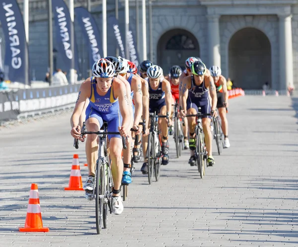 Many triathlete cyclists in a group, Gabriel Sandor followed by — Stock Photo, Image