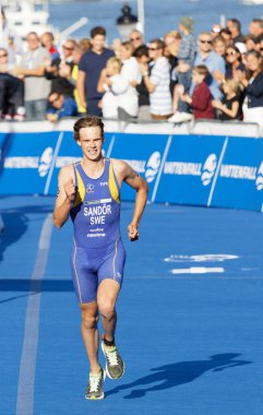 Stockholm - 26 Ağustos 2017: Finiş çizgisine yakın koşan triatlet Gabriel Sandor (Swe), 26 Ağustos 2017 'de Stockholm, İsveç' te düzenlenen Erkekler Itu Dünya Triatlon Serisi 'nin arka planında seyirci