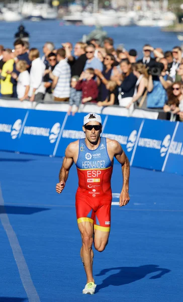 Stockholm - 26 Ağustos 2017: Stockholm, İsveç'te erkekler İTÜ dünya triatlon serisi olay 26 Ağustos 2017 bitiş çizgisine yakın çalışan triatlet Vincente Hernandez (Esp)