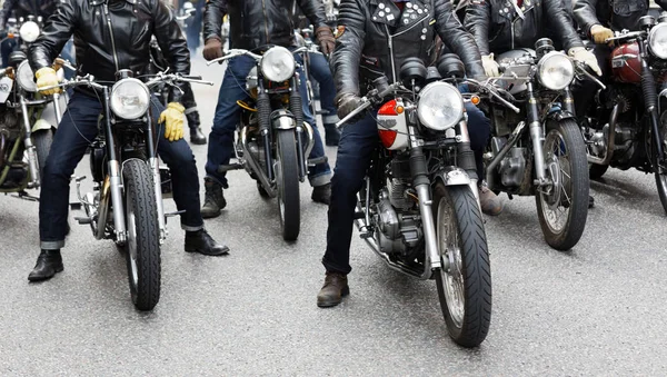 Stockholm Suécia Sept 2017 Encerramento Motocicletas Retro Motociclistas Resistentes Roupas — Fotografia de Stock