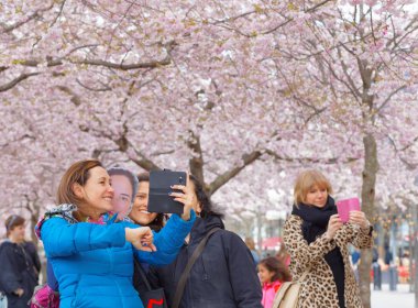Mutlu arkadaş selfie amoung güzel çiçek açan cher alarak