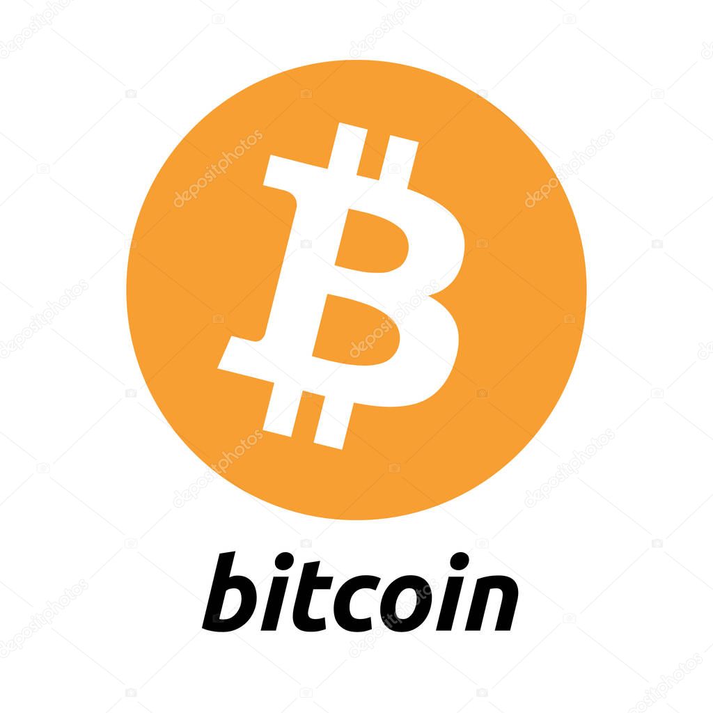 Bitcoin cryptocurrency logo, golden background and black font