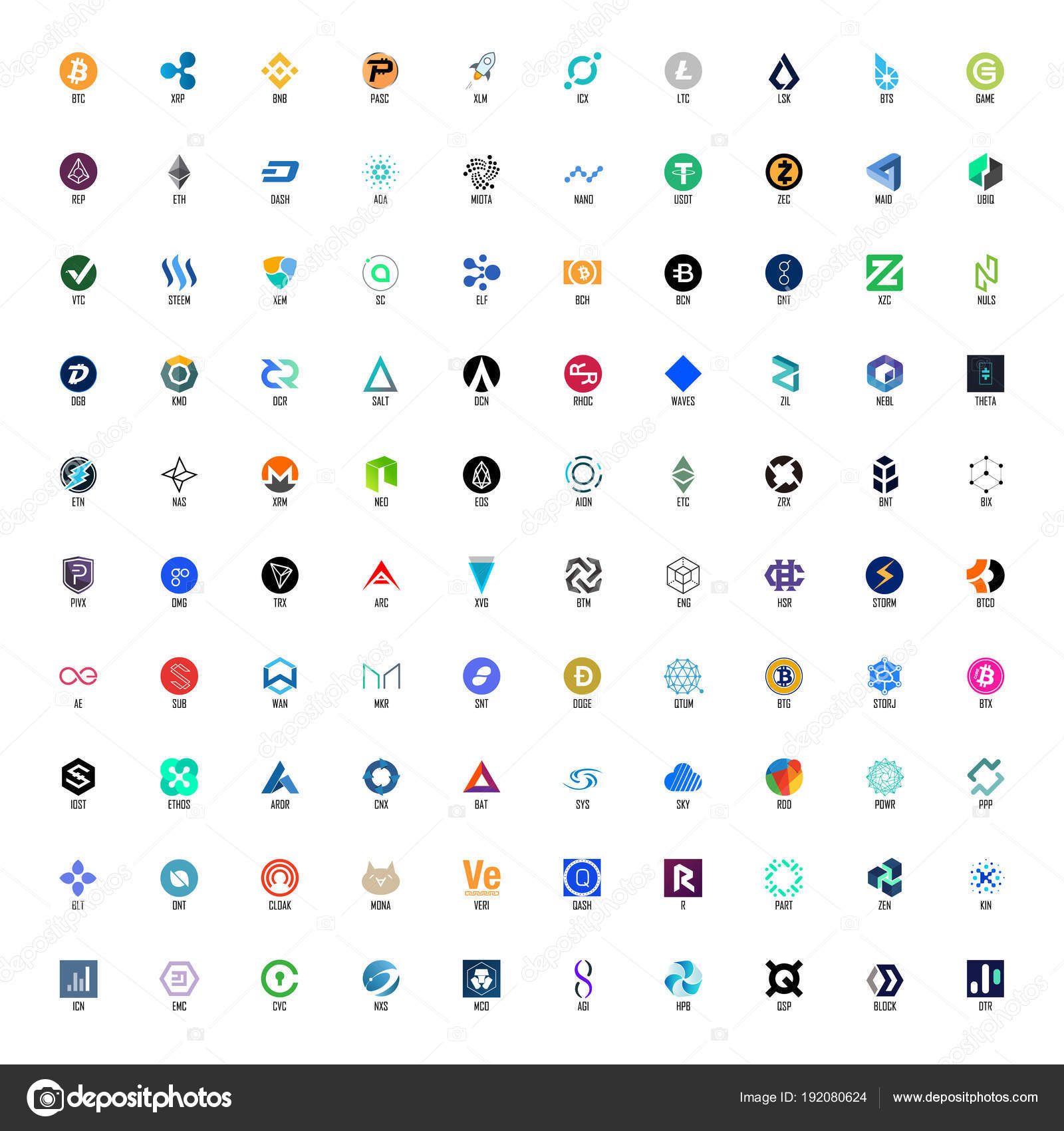 一套百Cryptocurrency 全名和正式标志在层板图库矢量图©Ivsanmas 192080624