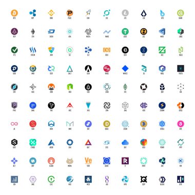 Yüz cryptocurrency logolar, tam adları ve Katmanlar panelinde resmi simgeler kümesi
