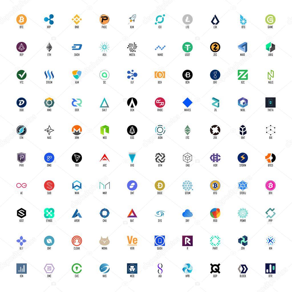 Set of hundred cryptocurrency logos, full names and official symbols in layers panel