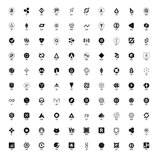 Set Hundred Cryptocurrency Logos Black White Full Names Official Symbols — Stock Vector