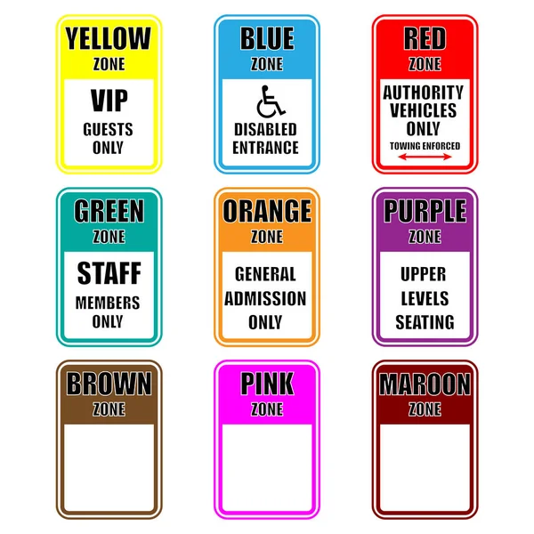 Set Colorful Event Signs Various Public Events Organization Terms Parking — Stock Vector