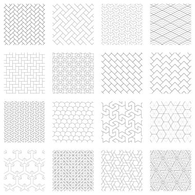 16 geometrik, pürüzsüz desenli, siyah beyaz, çeşitli şekiller. 