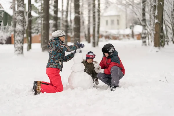Anne ve iki oğlu içinde kazanmak kar kardan adam--dan kalıp oynamak