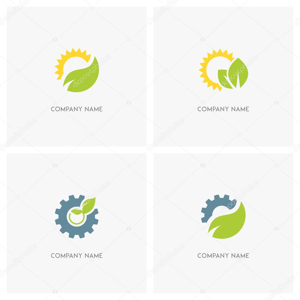Nature, industry and ecology vector logo. The sun with leaves, gear wheel with the sprout and pinion with green fresh leaf - technology, environment and eco icons.
